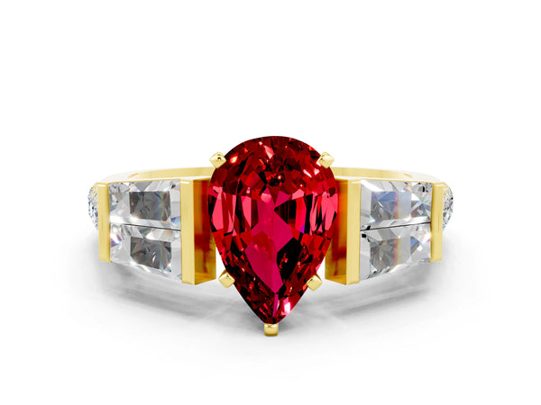 Yellow gold Pear Cut Ruby Engagement Ring with Baguette Side Stones and Channel Set Band