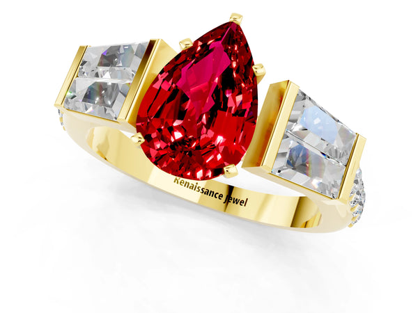 Yellow gold Pear Cut Ruby Engagement Ring with Baguette Side Stones and Channel Set Band