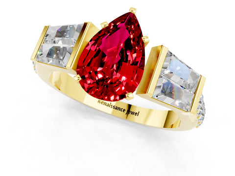 Yellow gold Pear Cut Ruby Engagement Ring with Baguette Side Stones and Channel Set Band_1