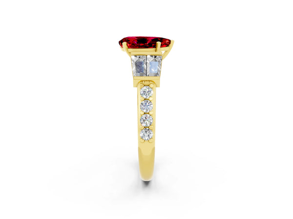 Yellow gold Pear Cut Ruby Engagement Ring with Baguette Side Stones and Channel Set Band