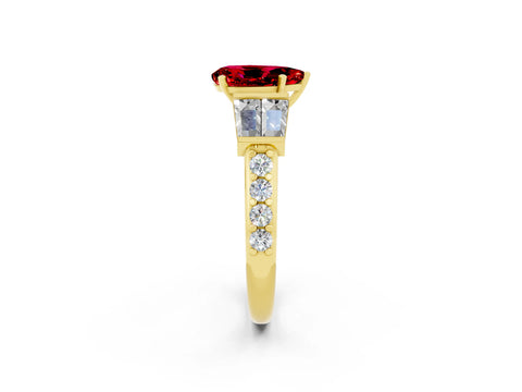 Yellow gold Pear Cut Ruby Engagement Ring with Baguette Side Stones and Channel Set Band_2