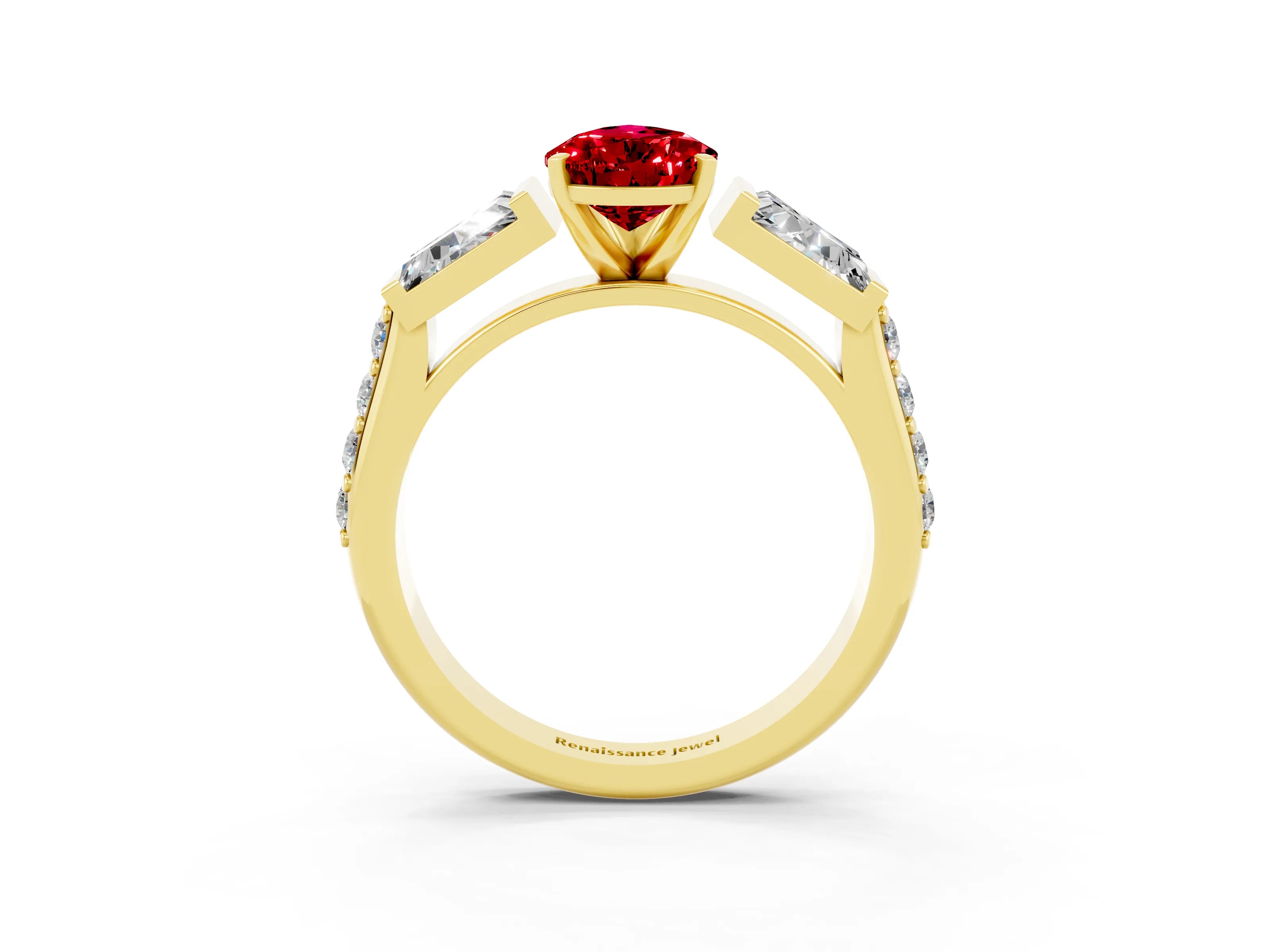 Yellow gold Pear Cut Ruby Engagement Ring with Baguette Side Stones and Channel Set Band_3