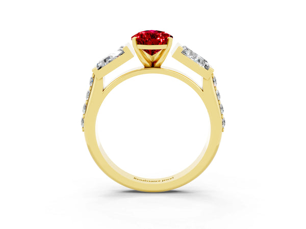 Yellow gold Pear Cut Ruby Engagement Ring with Baguette Side Stones and Channel Set Band