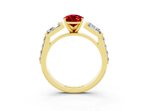 Yellow gold Pear Cut Ruby Engagement Ring with Baguette Side Stones and Channel Set Band_3