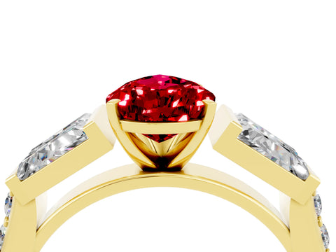 Yellow gold Pear Cut Ruby Engagement Ring with Baguette Side Stones and Channel Set Band_4