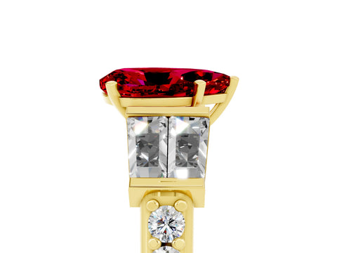 Yellow gold Pear Cut Ruby Engagement Ring with Baguette Side Stones and Channel Set Band_5