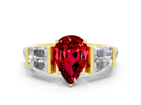Yellow gold Pear Cut Ruby Engagement Ring with Baguette Side Stones and Channel Set Band