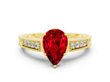 Yellow gold Pear Cut Ruby Engagement Ring with Milgrain Channel Set Band and Prong Setting