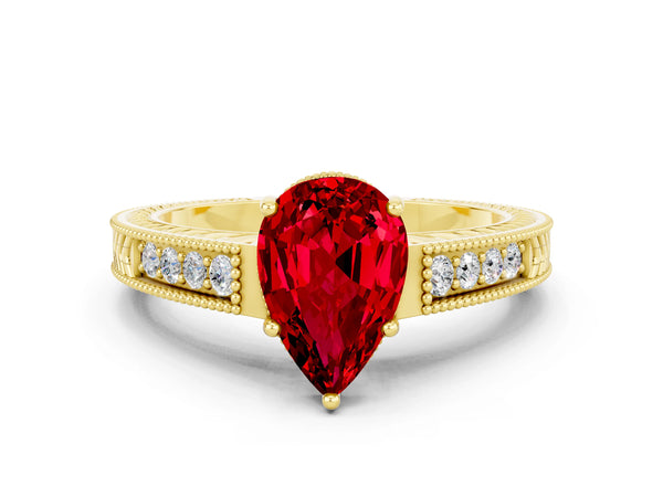 Yellow gold Pear Cut Ruby Engagement Ring with Milgrain Channel Set Band and Prong Setting