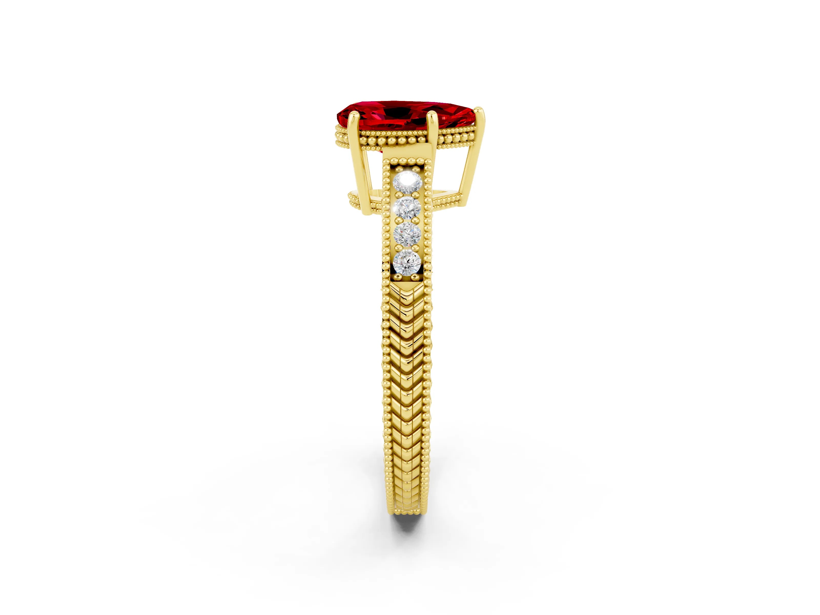 Yellow gold Pear Cut Ruby Engagement Ring with Milgrain Channel Set Band and Prong Setting_2
