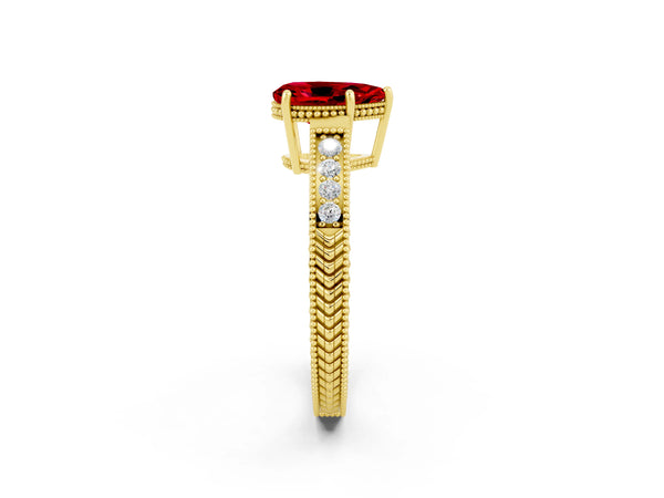 Yellow gold Pear Cut Ruby Engagement Ring with Milgrain Channel Set Band and Prong Setting