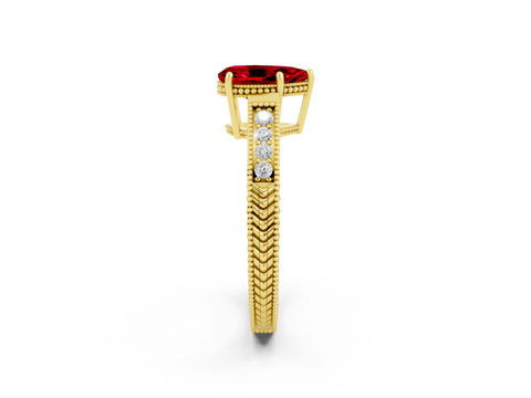 Yellow gold Pear Cut Ruby Engagement Ring with Milgrain Channel Set Band and Prong Setting_2