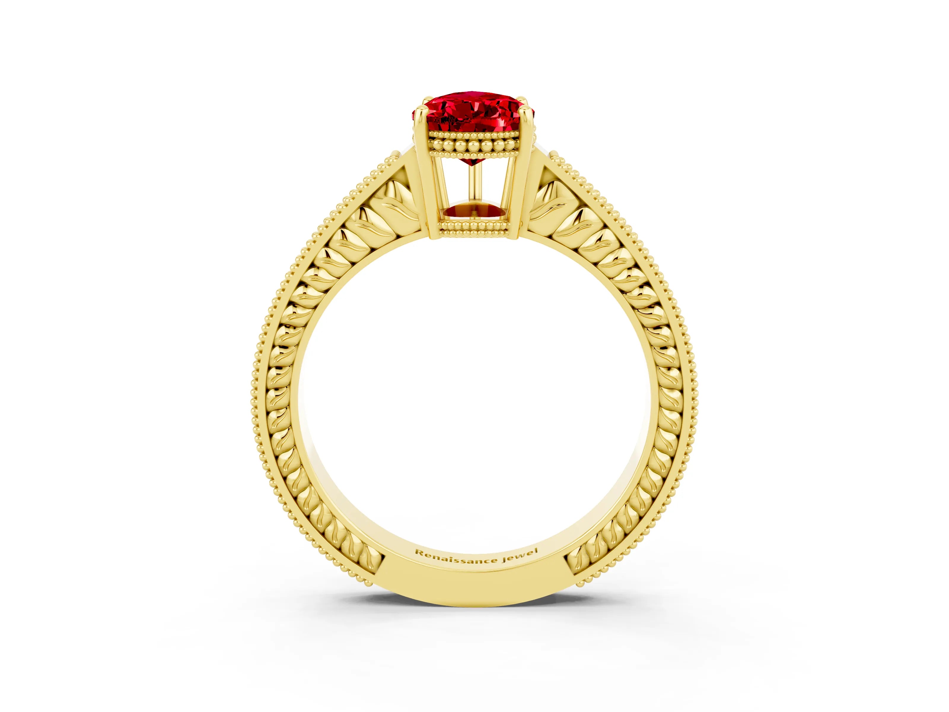 Yellow gold Pear Cut Ruby Engagement Ring with Milgrain Channel Set Band and Prong Setting_3