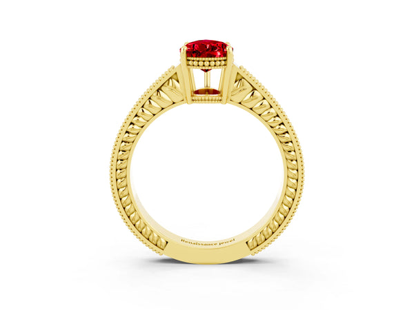 Yellow gold Pear Cut Ruby Engagement Ring with Milgrain Channel Set Band and Prong Setting