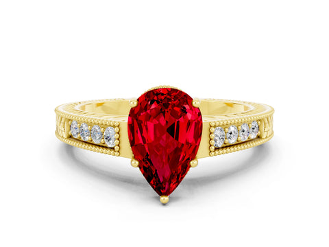 Yellow gold Pear Cut Ruby Engagement Ring with Milgrain Channel Set Band and Prong Setting