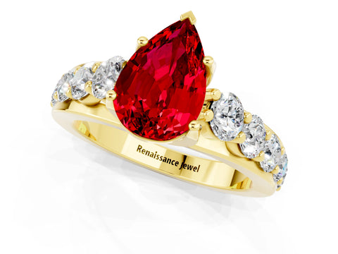 Yellow gold Pear Cut Ruby Engagement Ring with Pavé Band and Four-Prong Setting_1