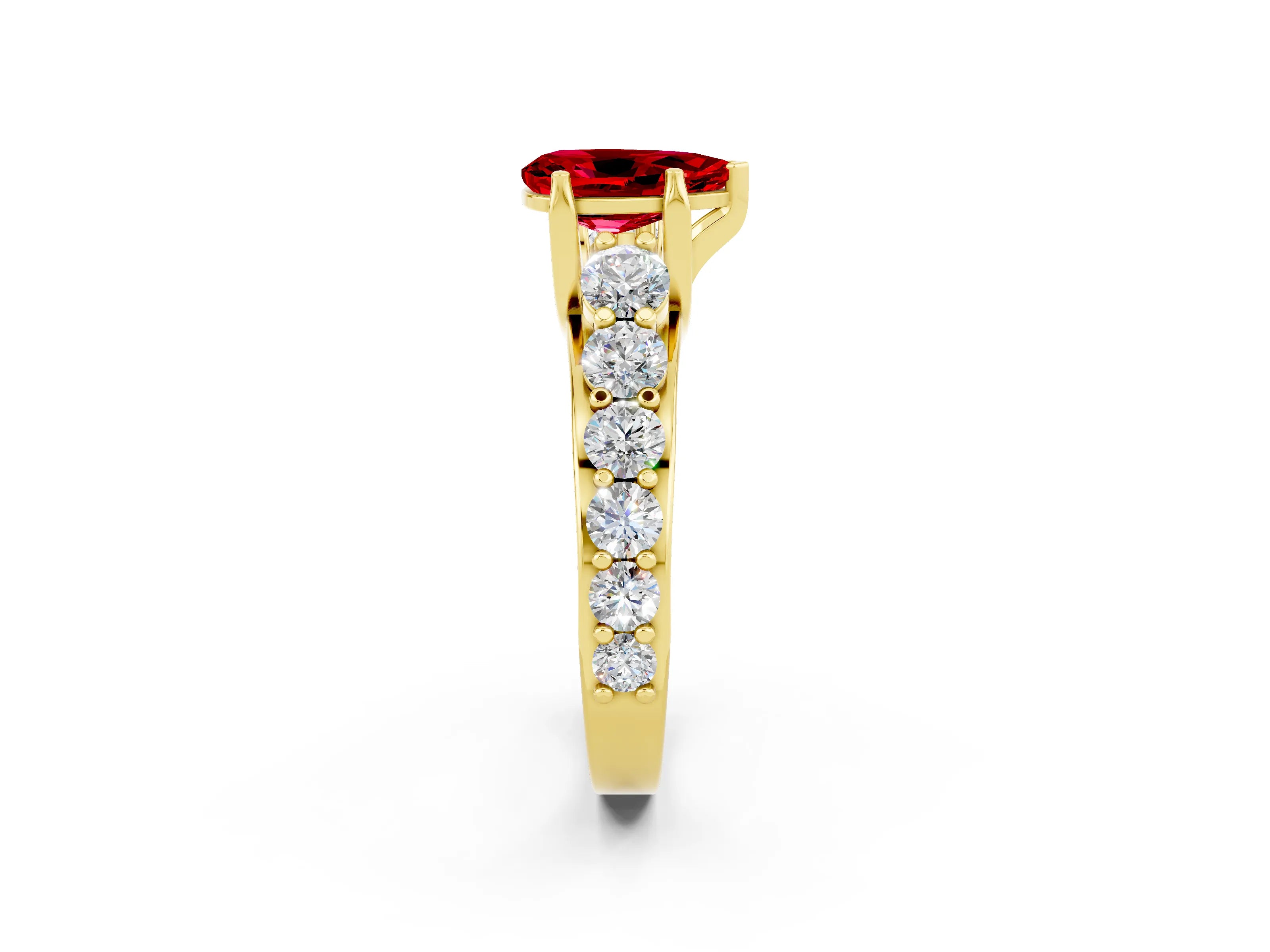 Yellow gold Pear Cut Ruby Engagement Ring with Pavé Band and Four-Prong Setting_2