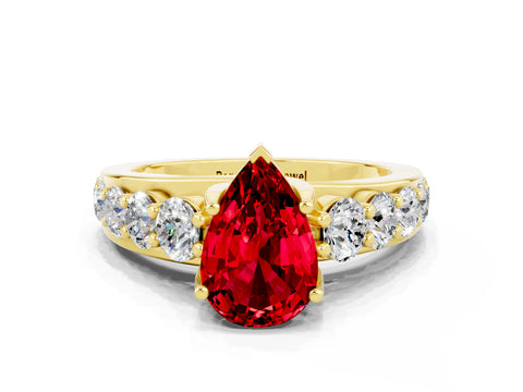 Yellow gold Pear Cut Ruby Engagement Ring with Pavé Band and Four-Prong Setting
