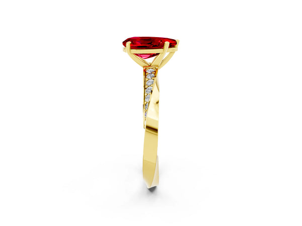 Yellow gold Pear Cut Ruby Engagement Ring with Side Stone Accents and Four-Prong Setting