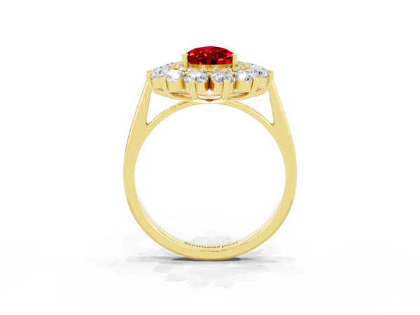 Yellow Gold Pear-Shaped Lab-Grown Ruby Floral Double Halo Engagement Ring with Plain Band