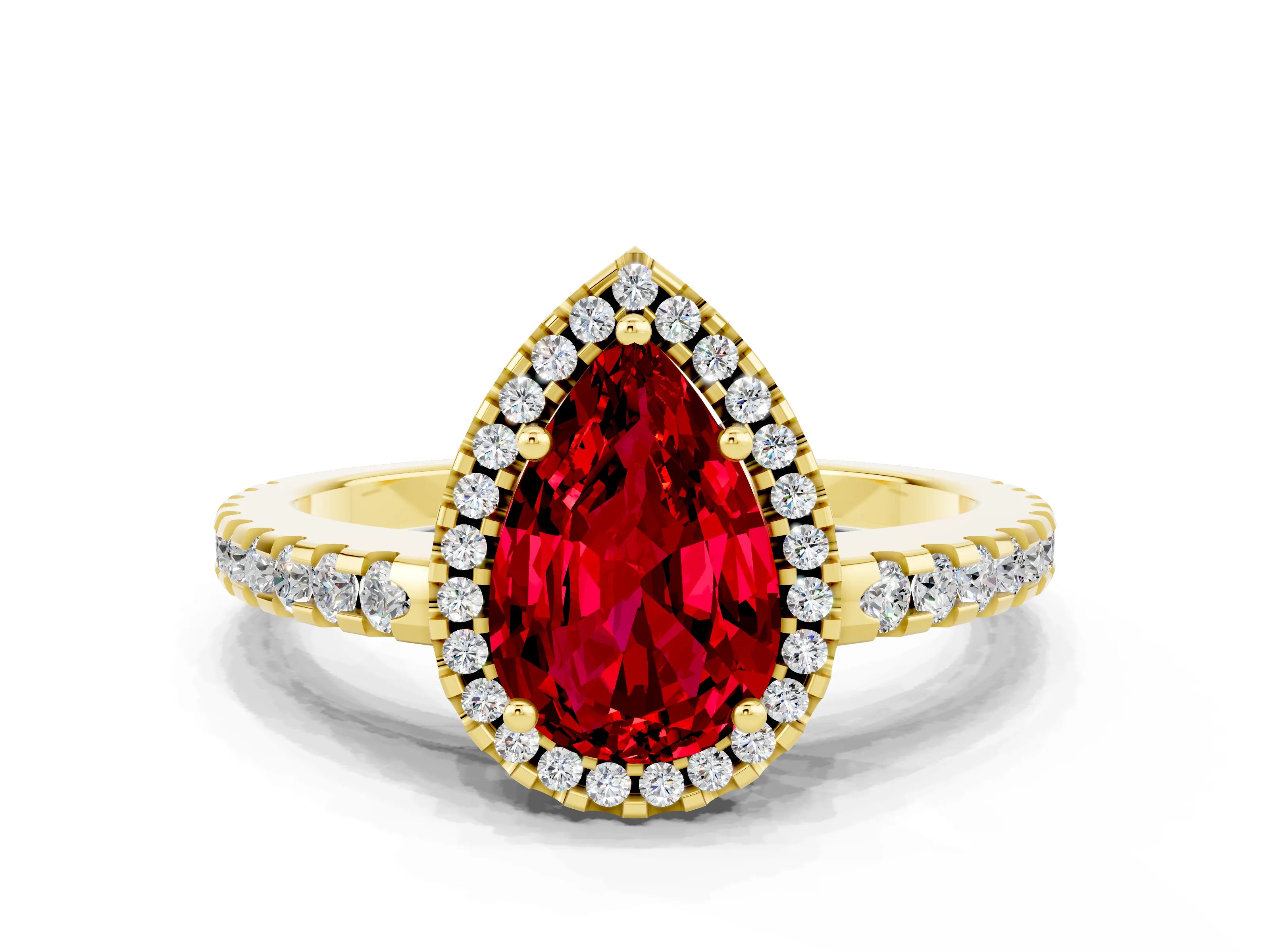 Yellow gold Pear Cut Ruby Halo Engagement Ring with Pavé Band and Prong Setting_12