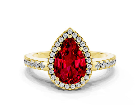 Yellow gold Pear Cut Ruby Halo Engagement Ring with Pavé Band and Prong Setting_12