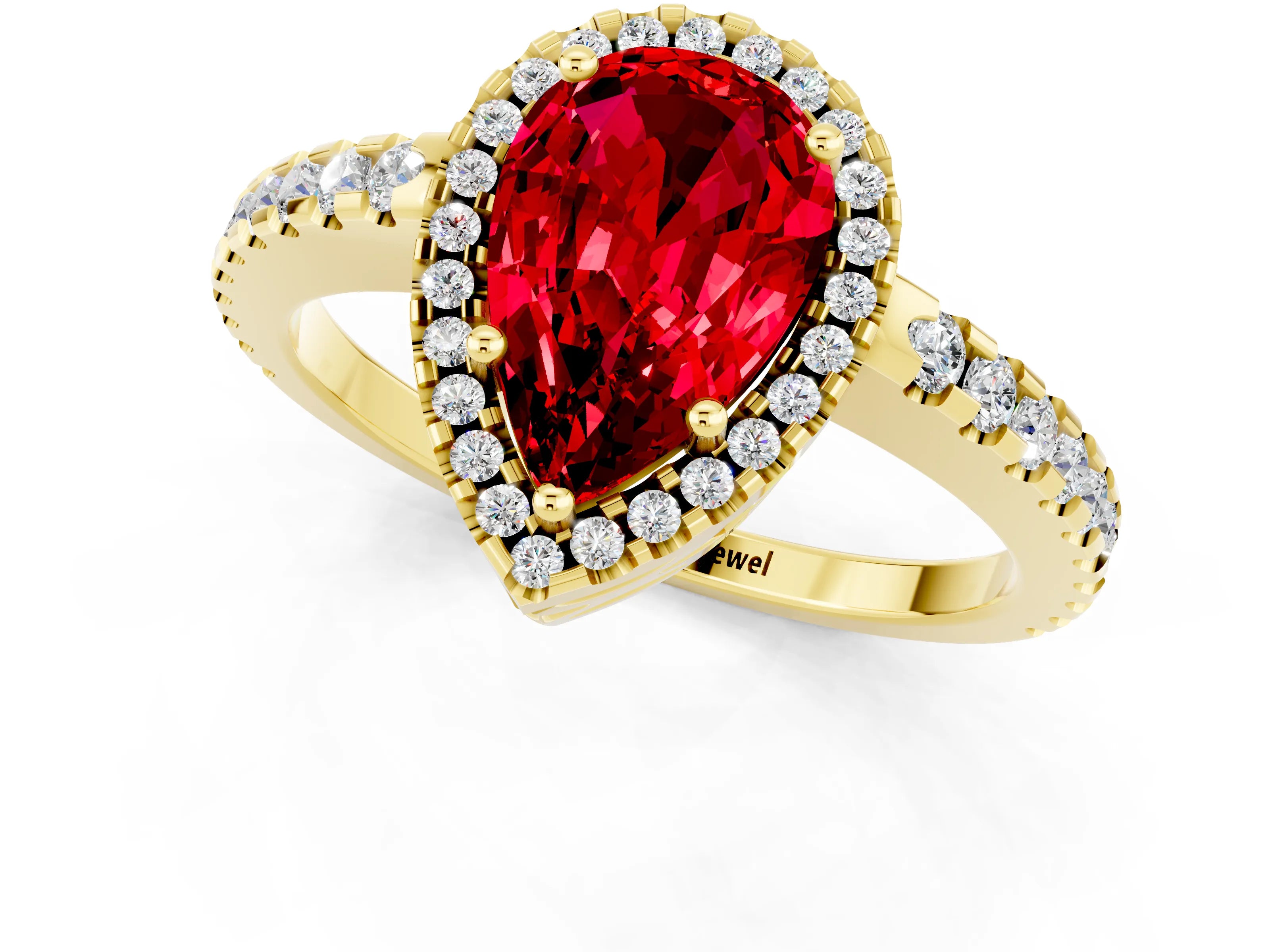 Yellow gold Pear Cut Ruby Halo Engagement Ring with Pavé Band and Prong Setting_13