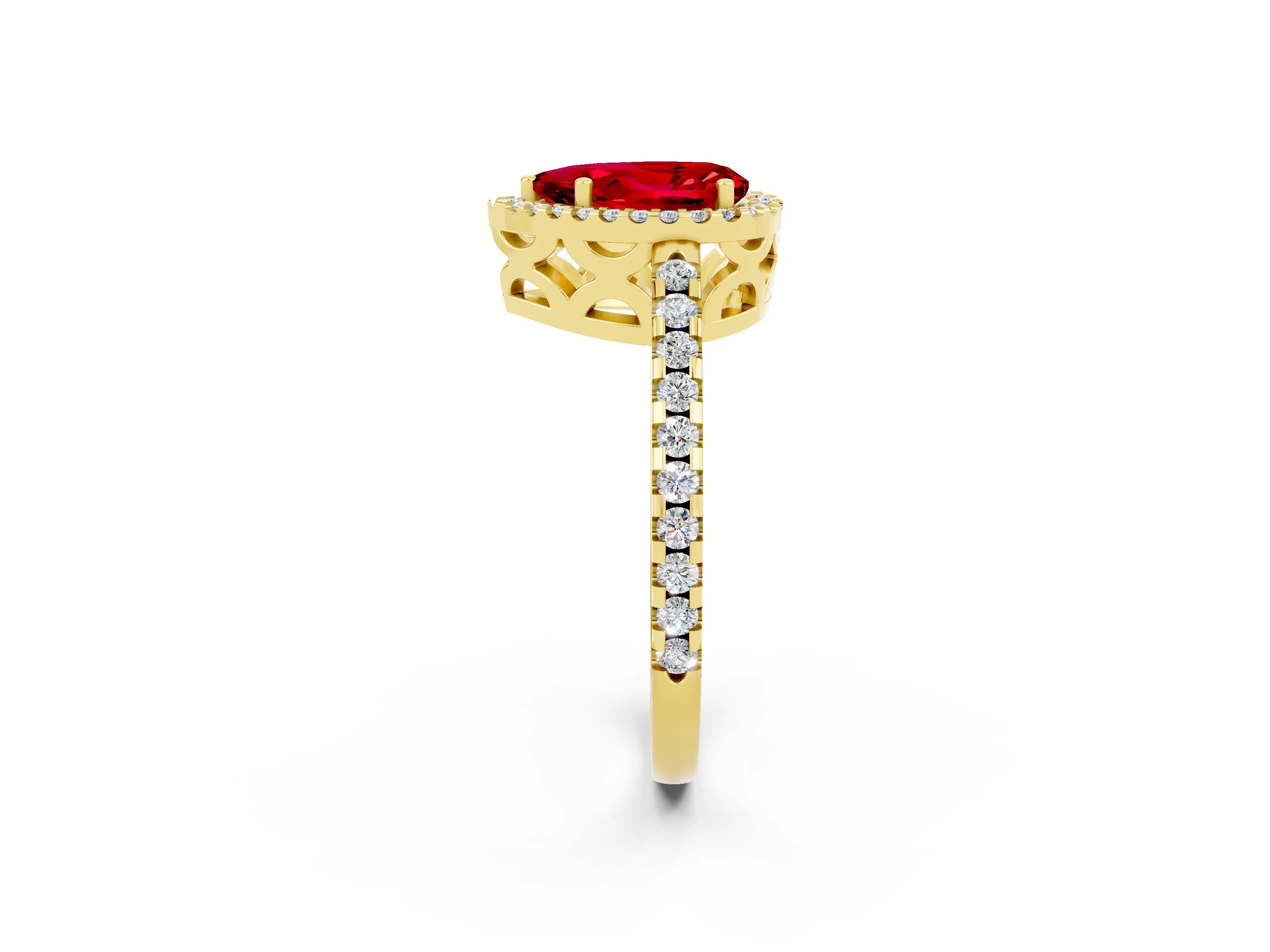 Yellow gold Pear Cut Ruby Halo Engagement Ring with Pavé Band and Prong Setting_14