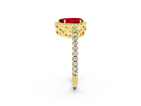Yellow gold Pear Cut Ruby Halo Engagement Ring with Pavé Band and Prong Setting_14