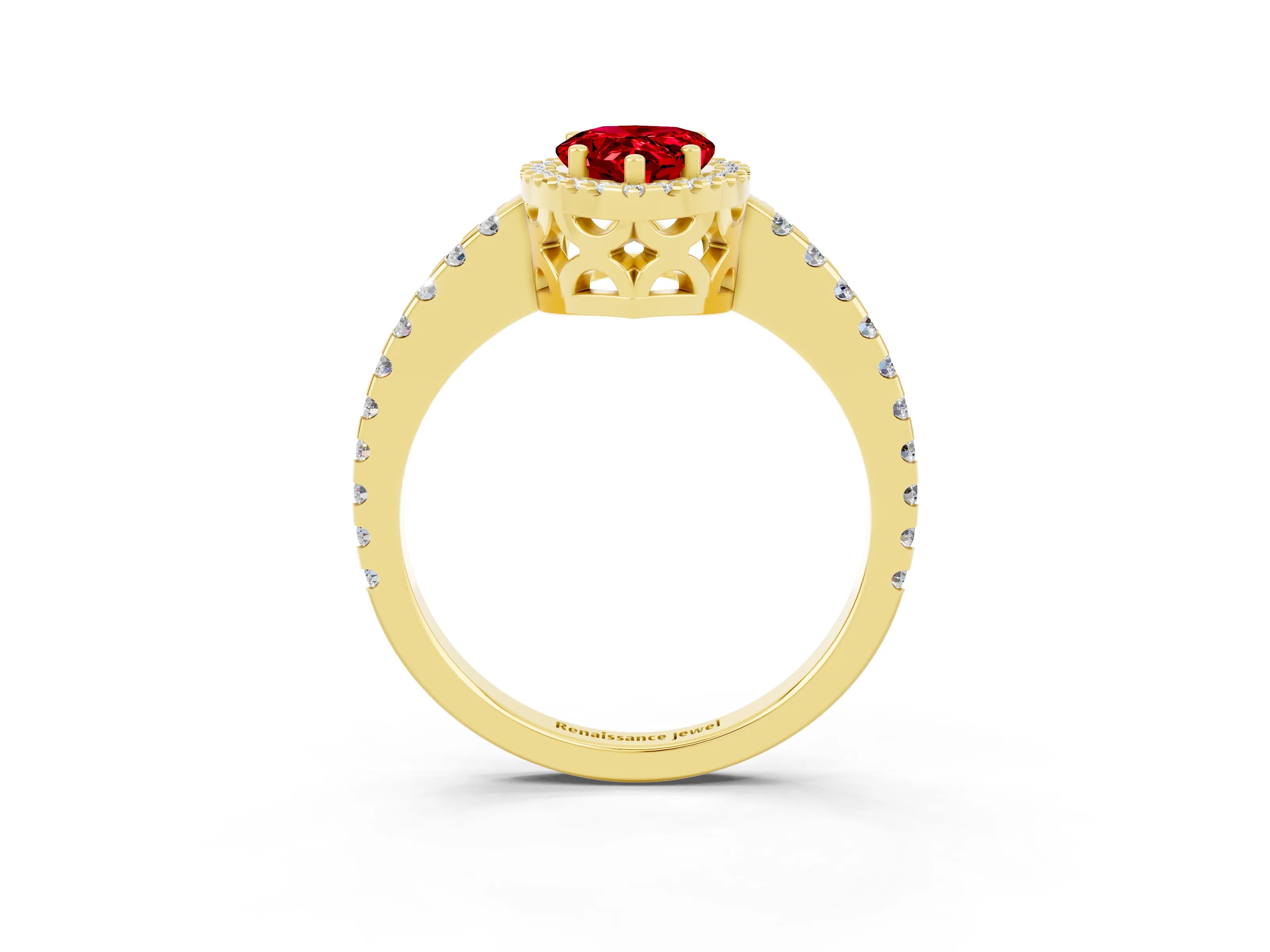 Yellow gold Pear Cut Ruby Halo Engagement Ring with Pavé Band and Prong Setting_15