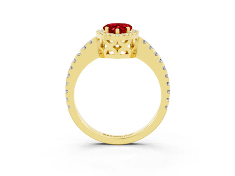 Yellow gold Pear Cut Ruby Halo Engagement Ring with Pavé Band and Prong Setting_15