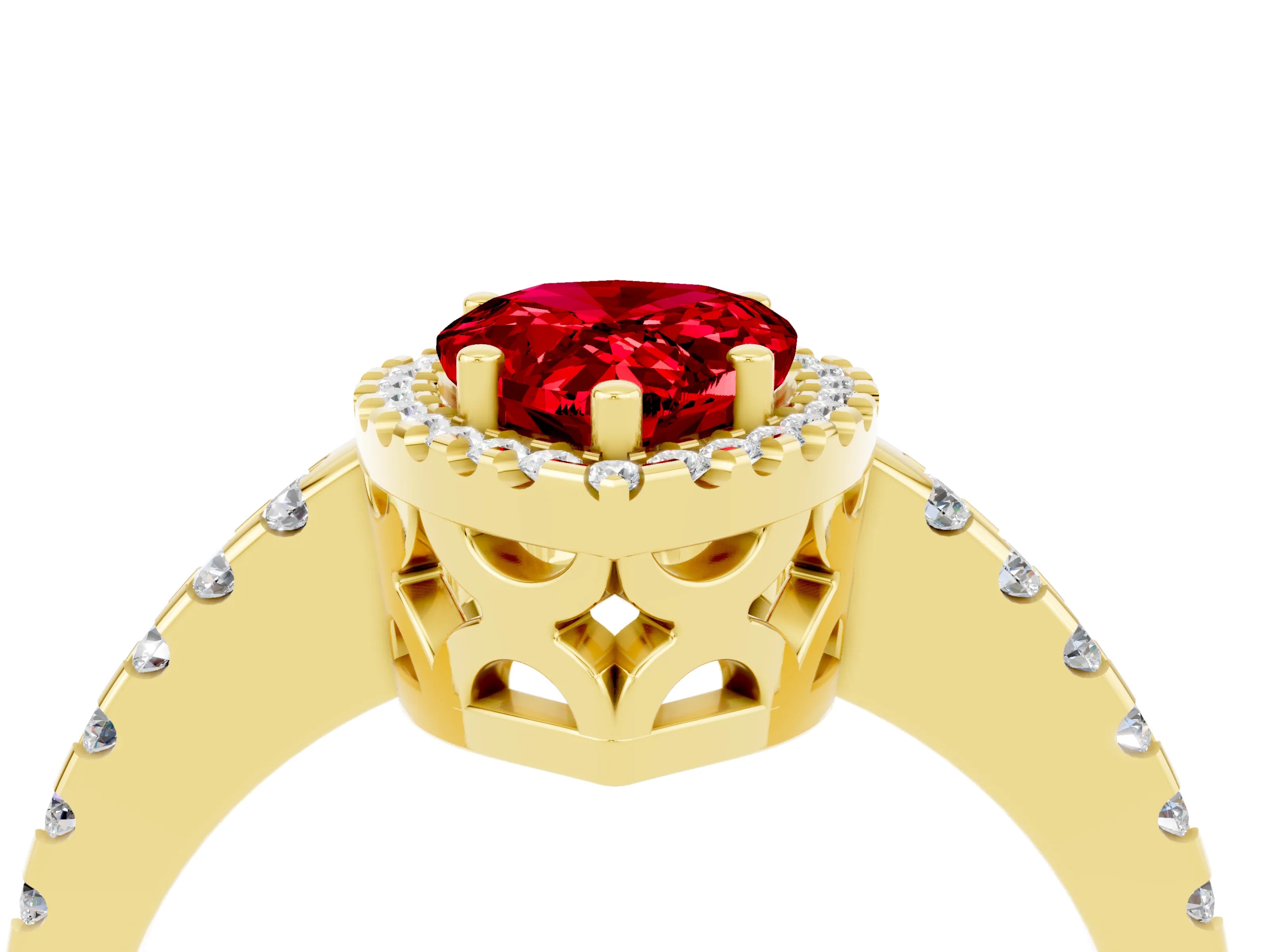 Yellow gold Pear Cut Ruby Halo Engagement Ring with Pavé Band and Prong Setting_16