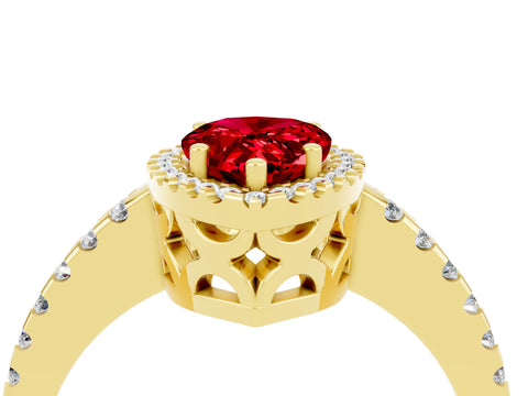 Yellow gold Pear Cut Ruby Halo Engagement Ring with Pavé Band and Prong Setting_16