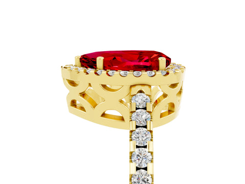 Yellow gold Pear Cut Ruby Halo Engagement Ring with Pavé Band and Prong Setting_17