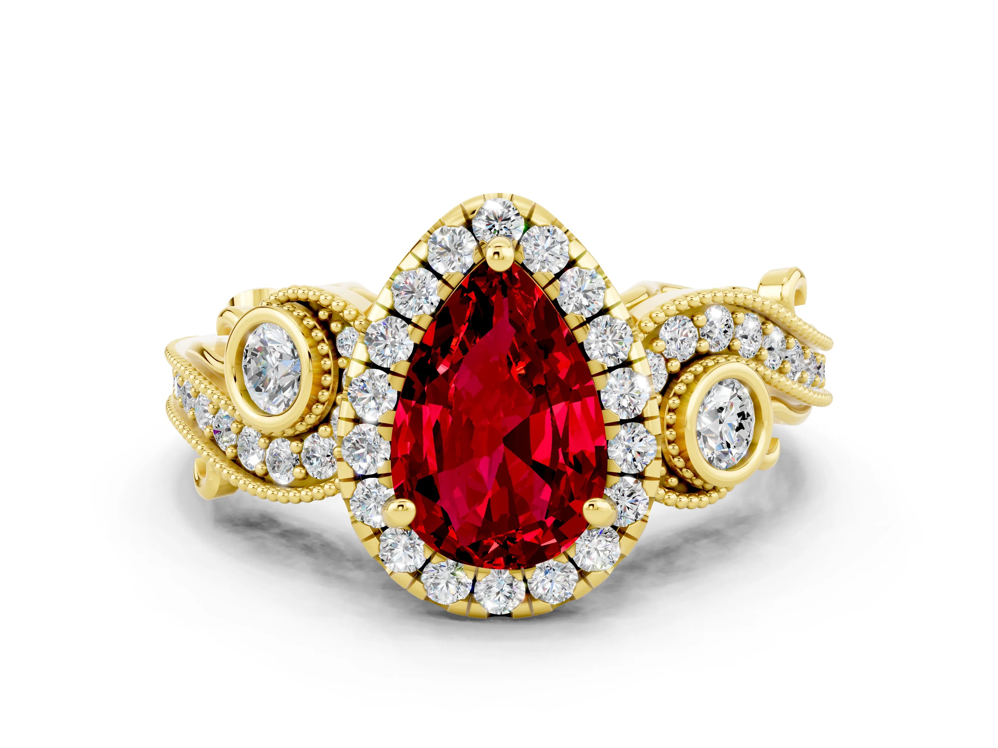 Yellow gold Pear Cut Ruby Halo Ring with Milgrain Pavé Band and Four-Prong Setting_12