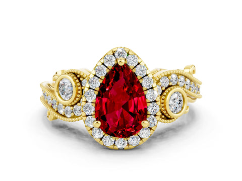 Yellow gold Pear Cut Ruby Halo Ring with Milgrain Pavé Band and Four-Prong Setting_12
