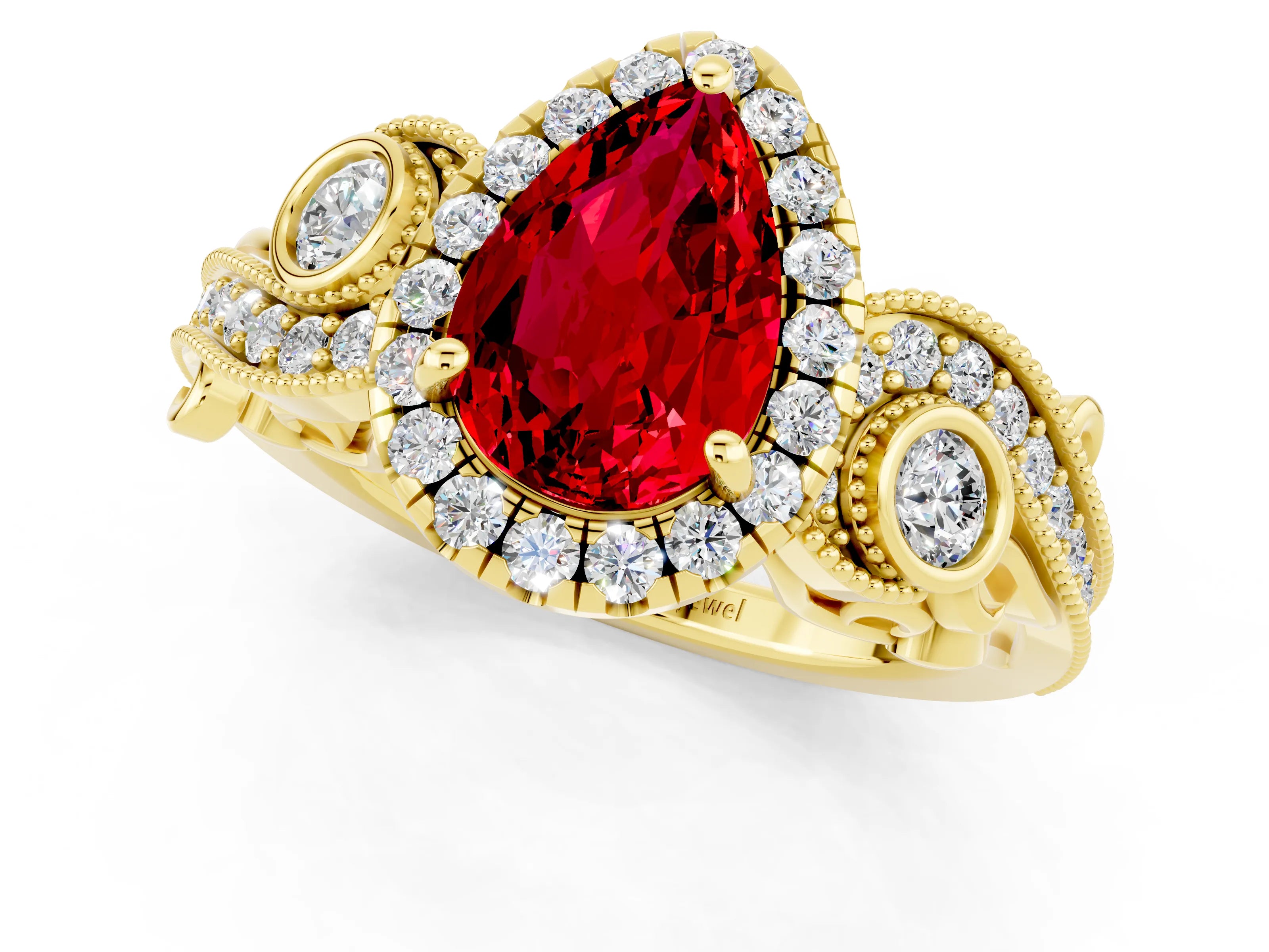 Yellow gold Pear Cut Ruby Halo Ring with Milgrain Pavé Band and Four-Prong Setting_13