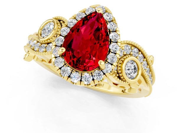 Yellow gold Pear Cut Ruby Halo Ring with Milgrain Pavé Band and Four-Prong Setting