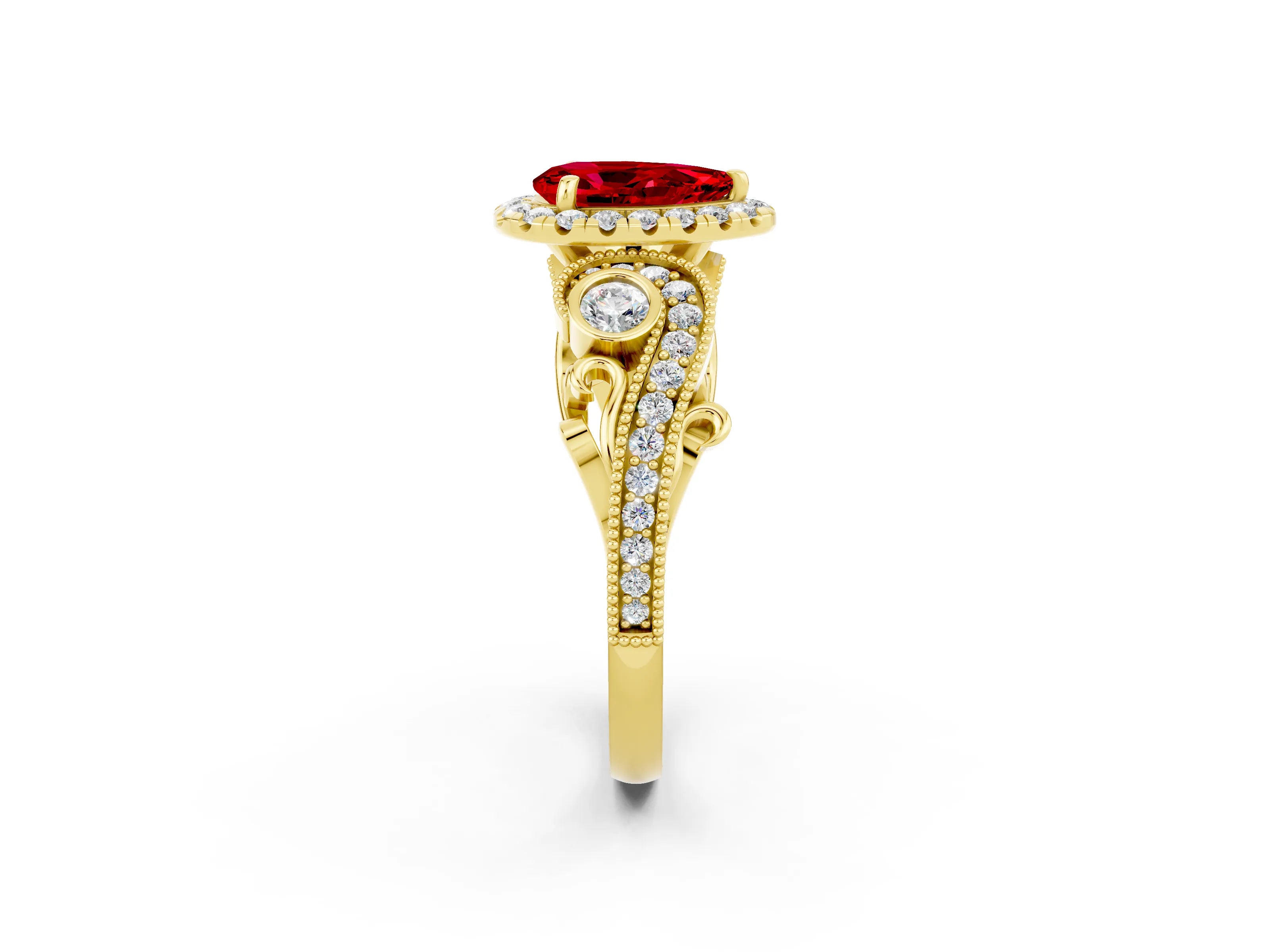 Yellow gold Pear Cut Ruby Halo Ring with Milgrain Pavé Band and Four-Prong Setting_14