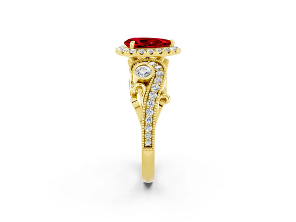 Yellow gold Pear Cut Ruby Halo Ring with Milgrain Pavé Band and Four-Prong Setting