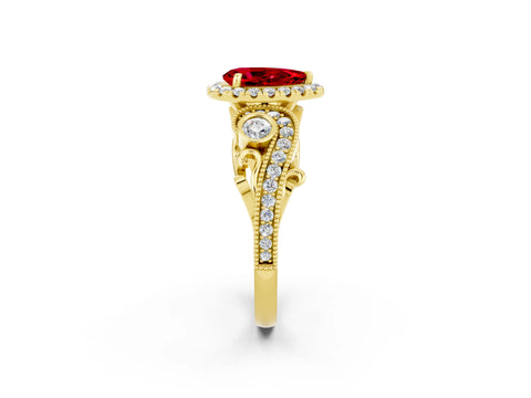 Yellow gold Pear Cut Ruby Halo Ring with Milgrain Pavé Band and Four-Prong Setting_14