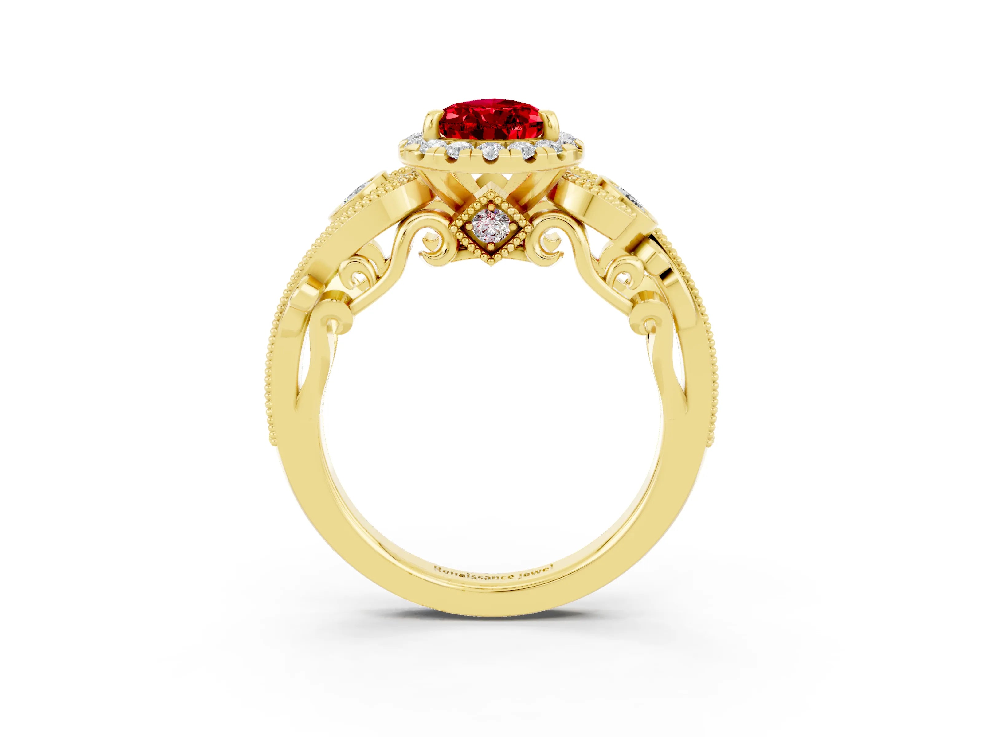 Yellow gold Pear Cut Ruby Halo Ring with Milgrain Pavé Band and Four-Prong Setting_15