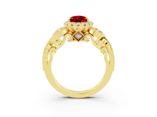 Yellow gold Pear Cut Ruby Halo Ring with Milgrain Pavé Band and Four-Prong Setting