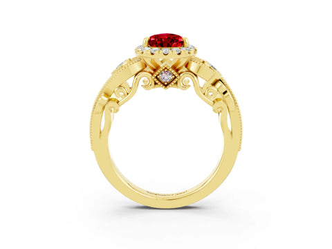 Yellow gold Pear Cut Ruby Halo Ring with Milgrain Pavé Band and Four-Prong Setting_15