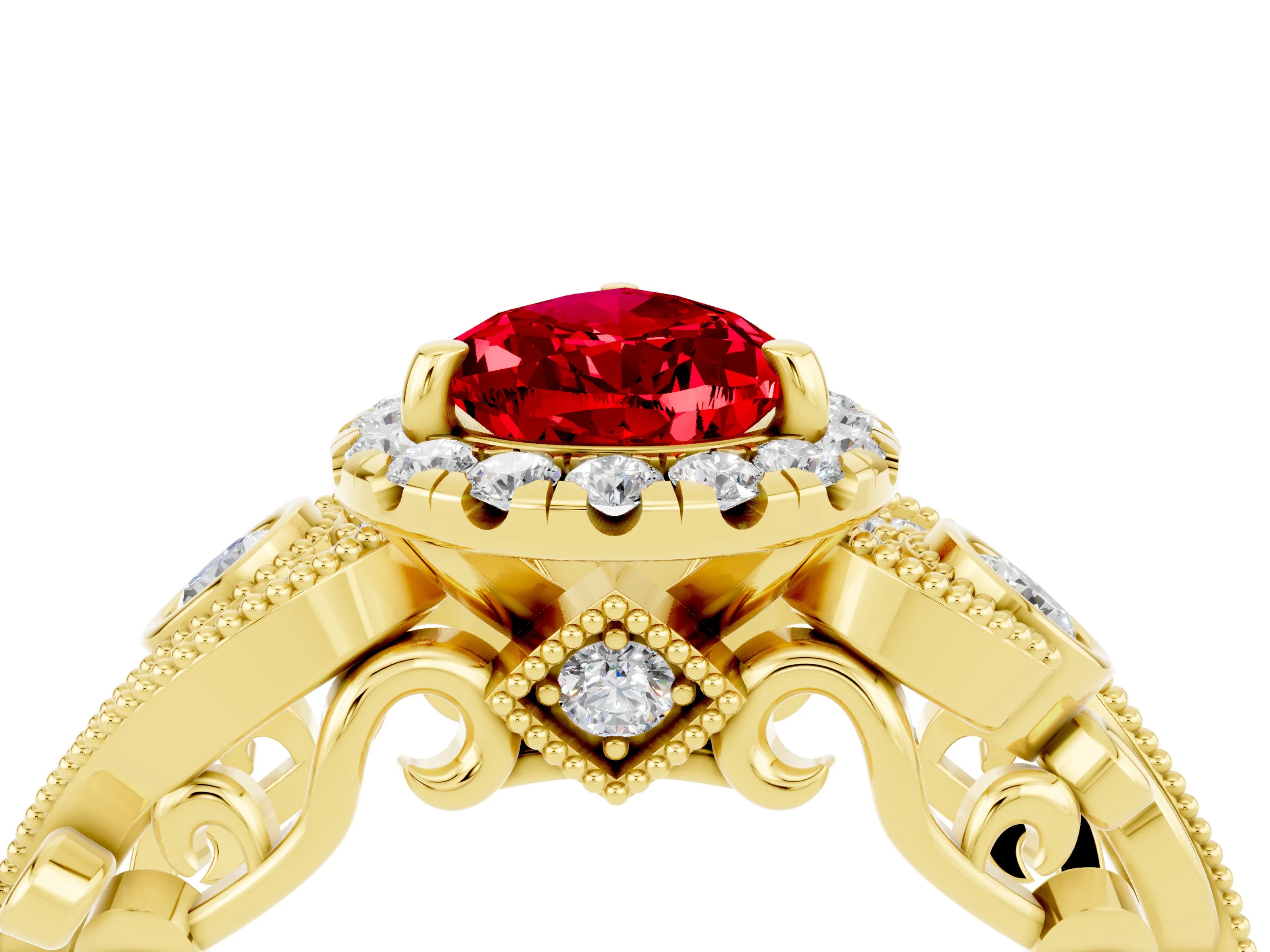 Yellow gold Pear Cut Ruby Halo Ring with Milgrain Pavé Band and Four-Prong Setting_16