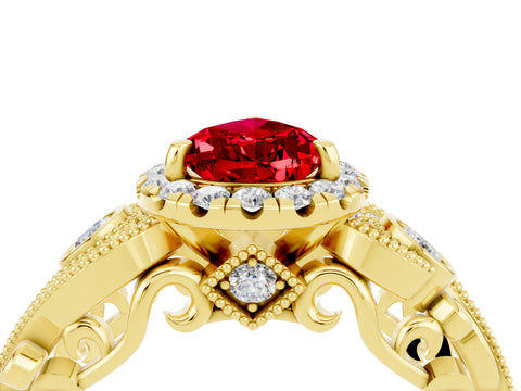 Yellow gold Pear Cut Ruby Halo Ring with Milgrain Pavé Band and Four-Prong Setting_16