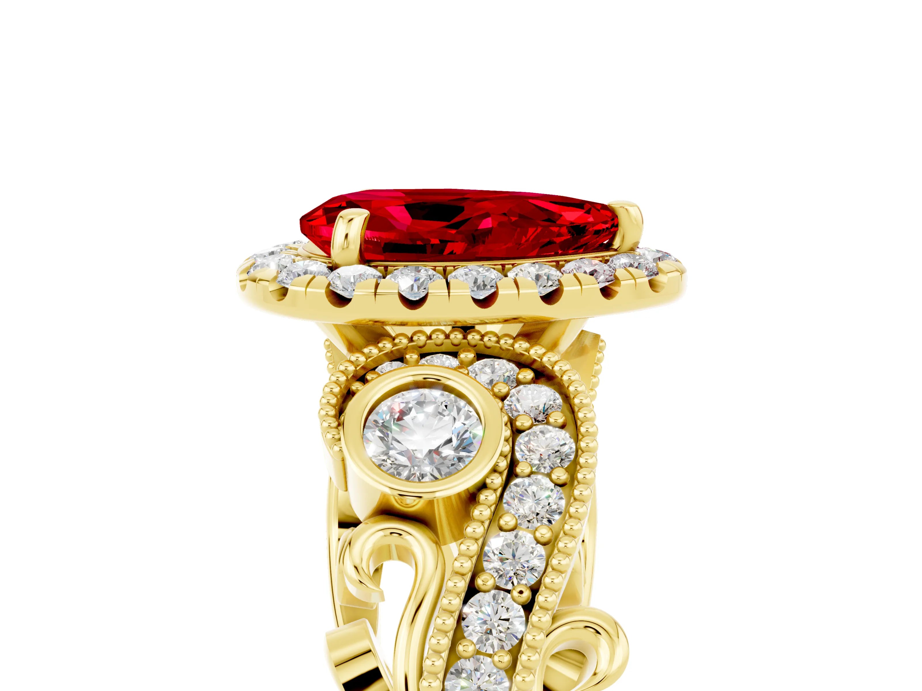 Yellow gold Pear Cut Ruby Halo Ring with Milgrain Pavé Band and Four-Prong Setting_17
