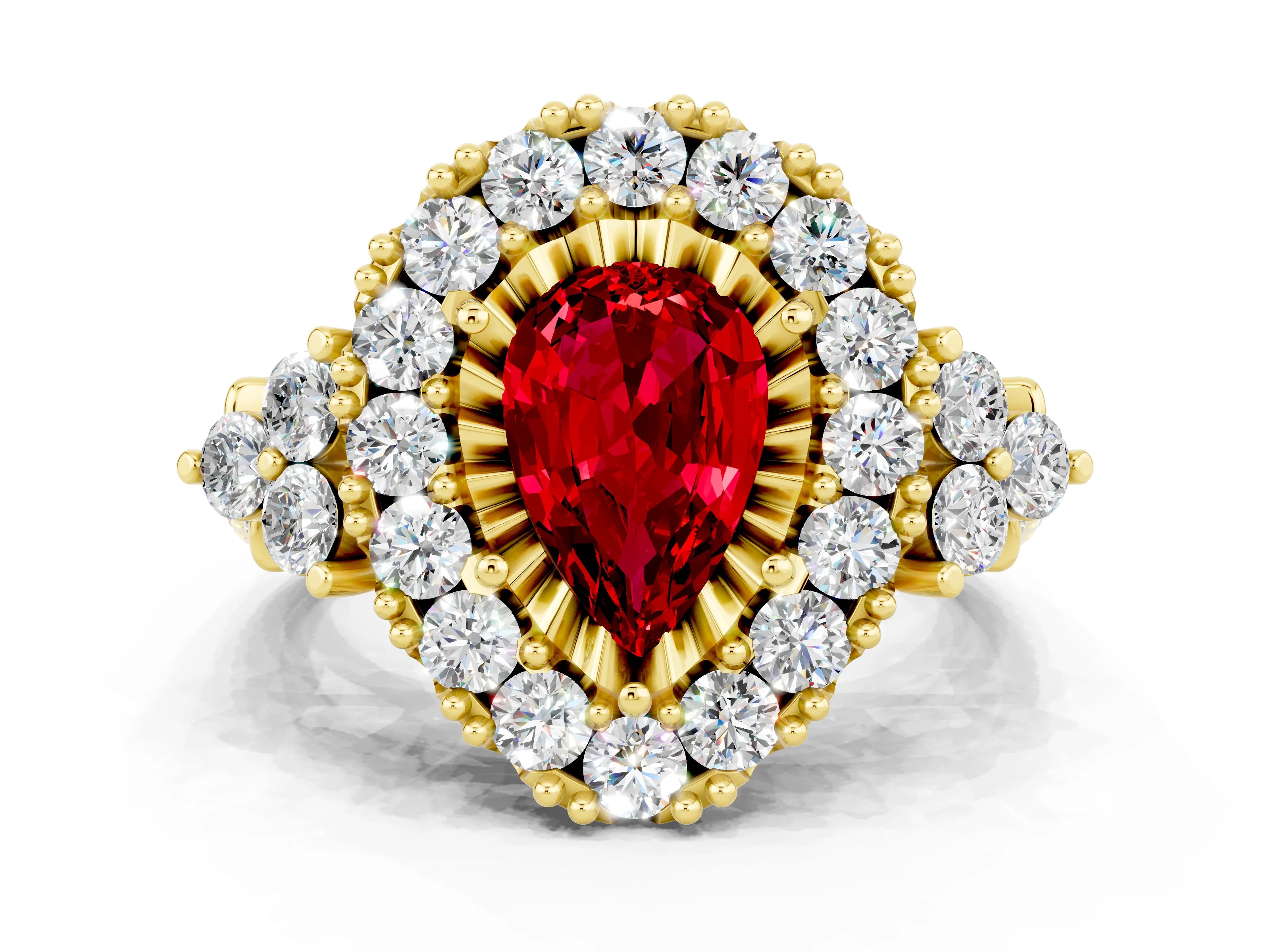 Yellow gold Pear Cut Ruby Halo Ring with Pavé Band and Four-Prong Setting_12