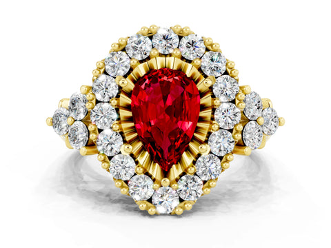 Yellow gold Pear Cut Ruby Halo Ring with Pavé Band and Four-Prong Setting_12