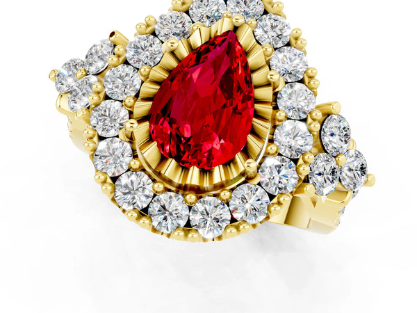 Yellow gold Pear Cut Ruby Halo Ring with Pavé Band and Four-Prong Setting